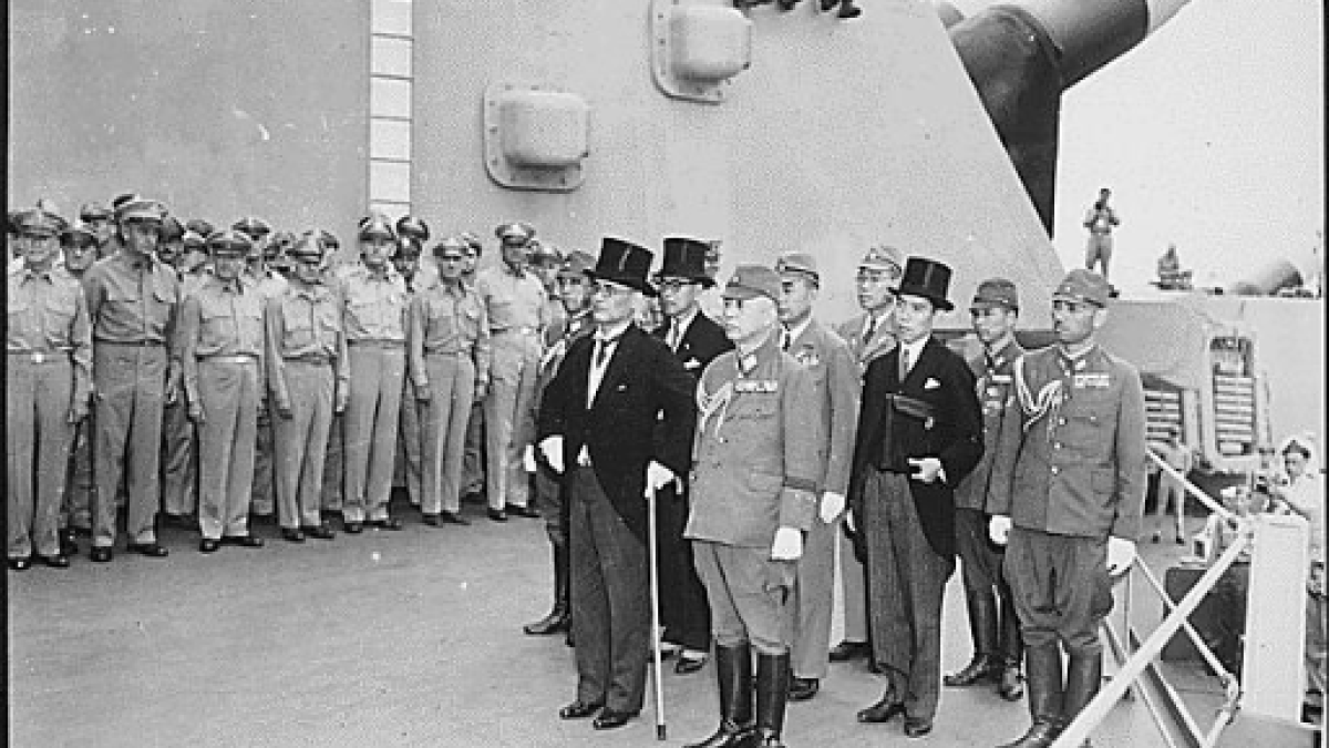 Japanese surrender signatories arrive aboard the USS MISSOURI in Tokyo Bay to participate in surrender ceremonies.