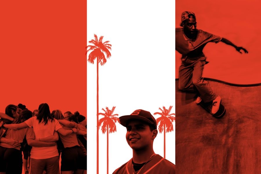Collage of three photos of people in a huddle, a man wearing a baseball cap amid palm trees and a man skateboarding.