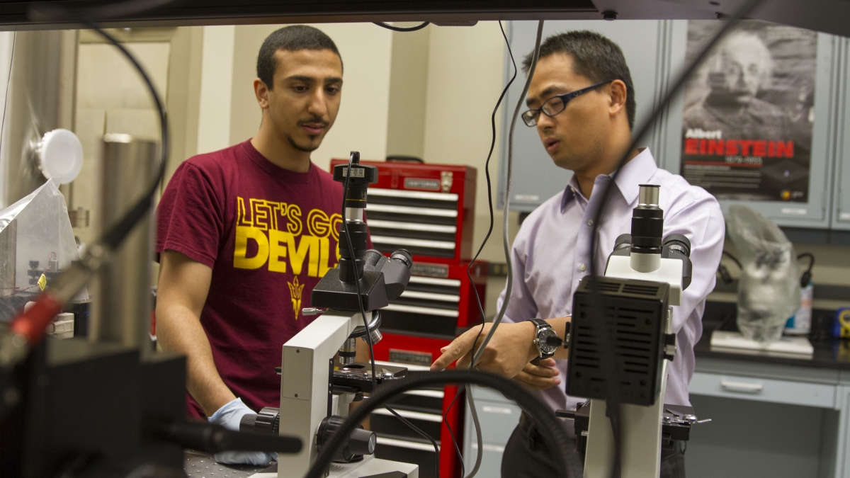 Liping Wang looks over metamaterials created in his Nano-Engineered Thermal Radiation Group.