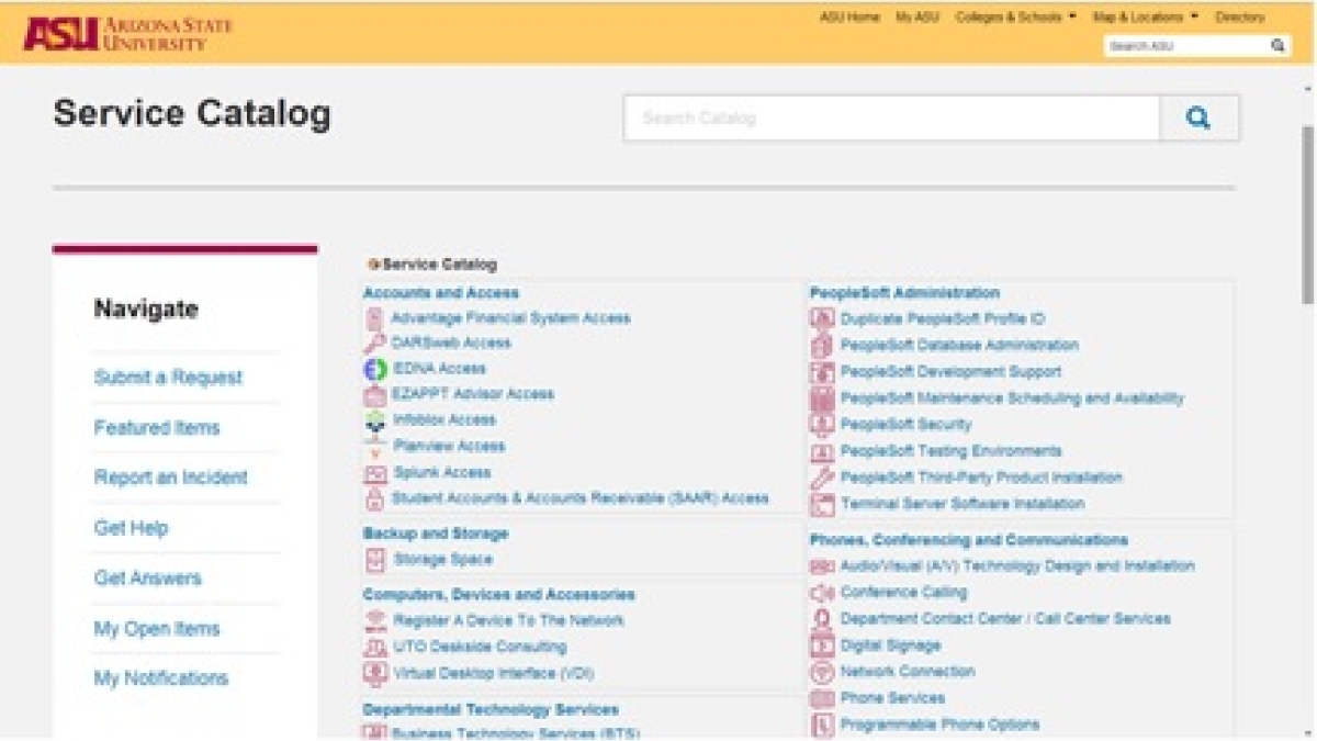 screenshot of Service Catalog on MyASU