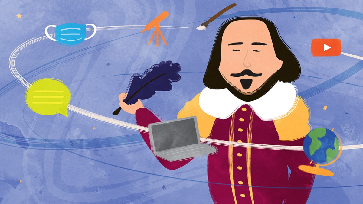 illustration of Shakespeare holding pen with modern object surrounding him