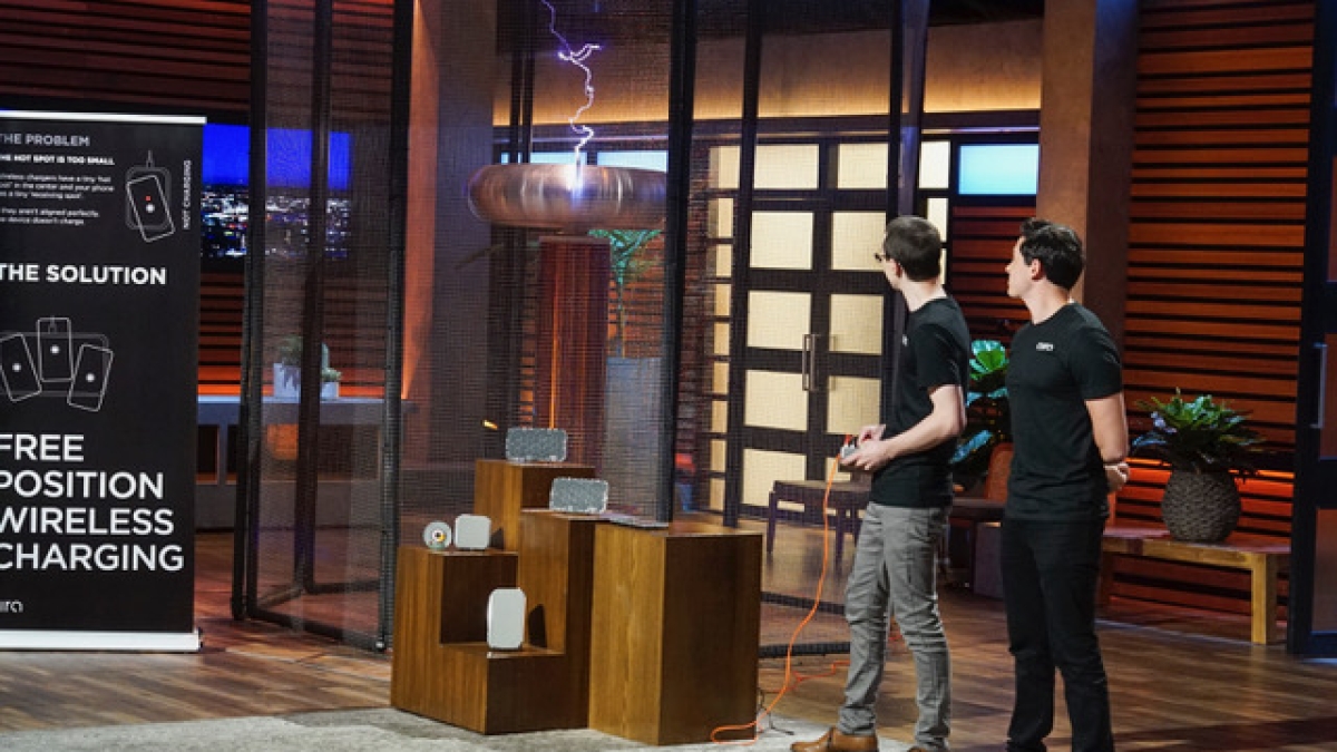 Eric Goodchild and Jake Slatnick demonstrate a Tesla coil on their Shark Tank pitch.