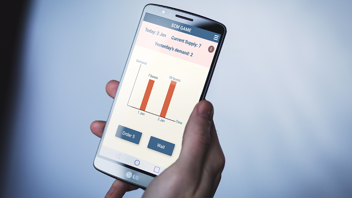 A hand holds a smart phone. On its screen is a app designed to educate users about supply chain management. The caption reads: Banner image: A rendering of the ShipShape app in use. Image courtesy of Luminosity