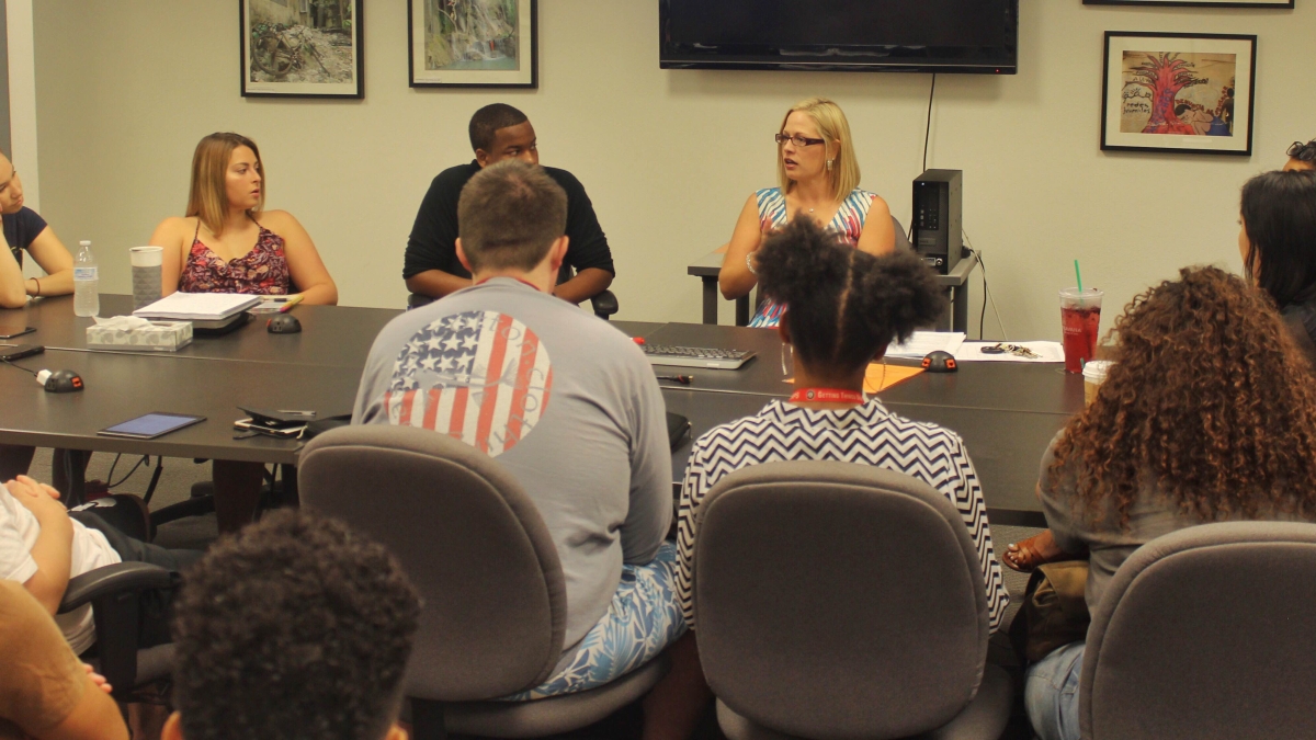 Congresswoman Kyrsten Sinema addressing Political Science and Global Studies freshmen