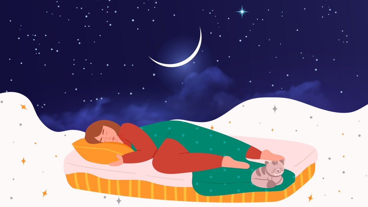 illustration of woman and her cat sleeping on a cloud with a moon and starry sky above