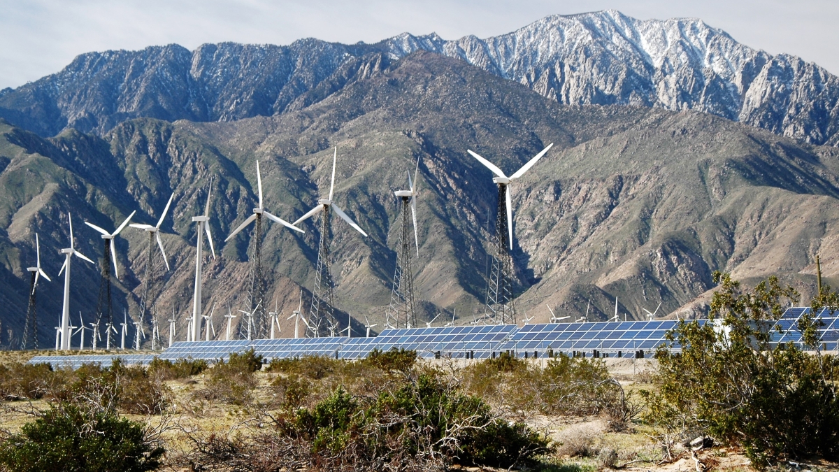 Wind turbines and solar panel arrays near Palm Springs, CA
