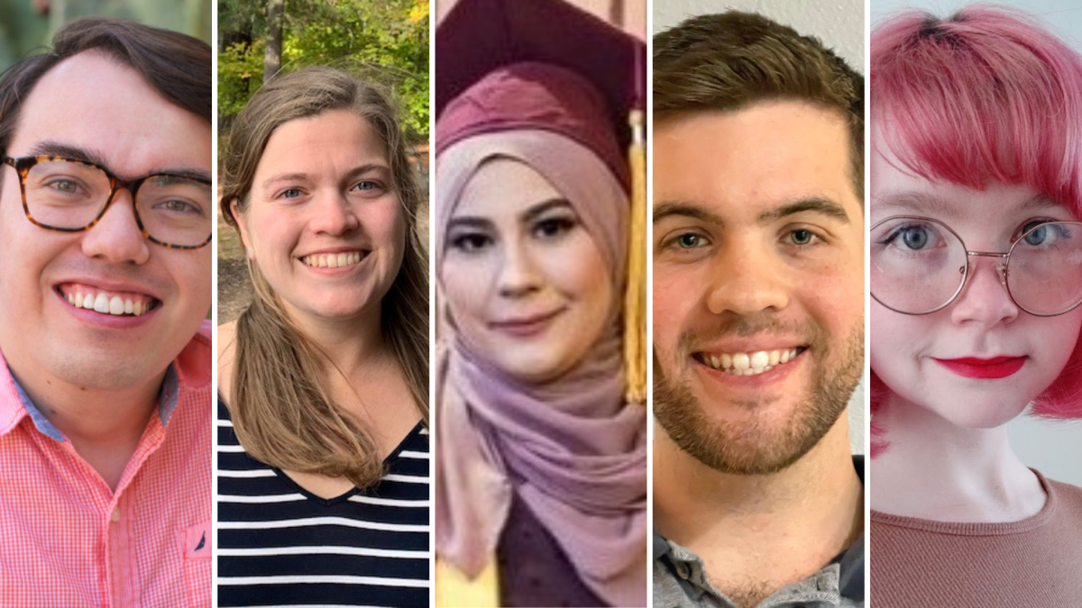 Collage of portraits of ASU students and NSF fellowship recipients (from left to right): Logan Gin, Carly Busch, Tasneem Fayek Mohammed, Nicholas Wiesenthal and Jynx Pigart.