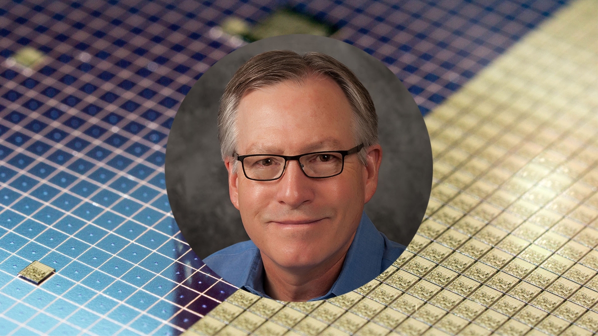 A portrait of Stephen Goodnick on a background of semiconductor material