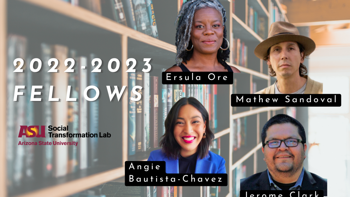 Collage of the four 2022–2023 Social Transformation Lab faculty fellows with a bookcase in the background.