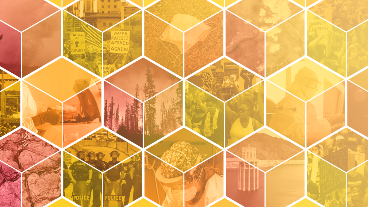 A mosaic of images depicting various social, health and environmental crises.