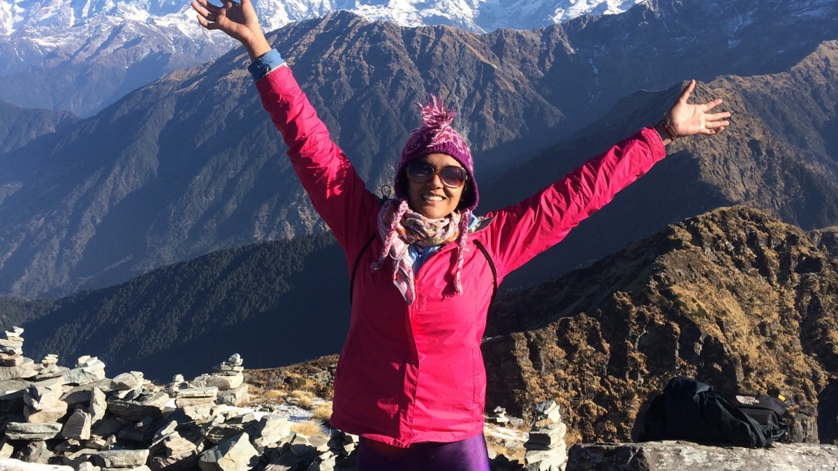 Courtesy photo of graduating ASU student Swatio Shrestha on top of a Himalayan peak.