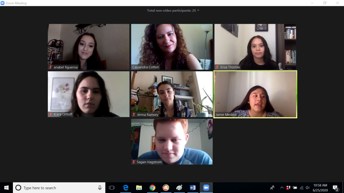 Screen shot of a Zoom meeting with six SUPER fellows and Cassandra Cotton
