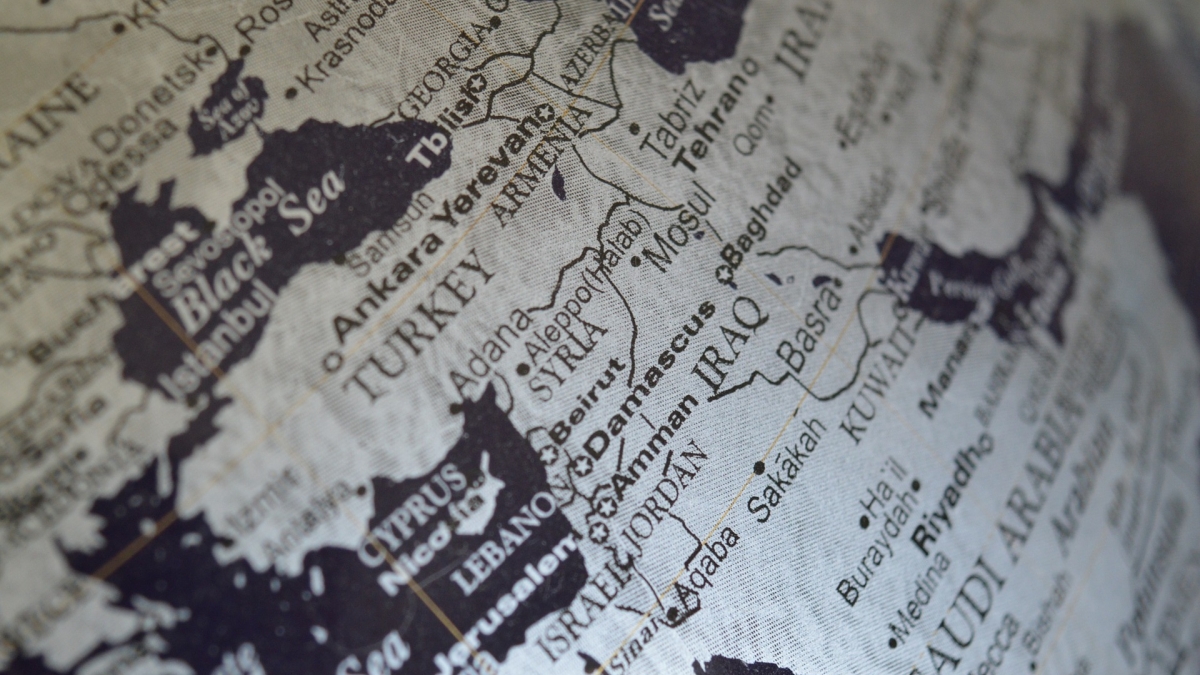 Closeup of a globe focusing on the Middle East