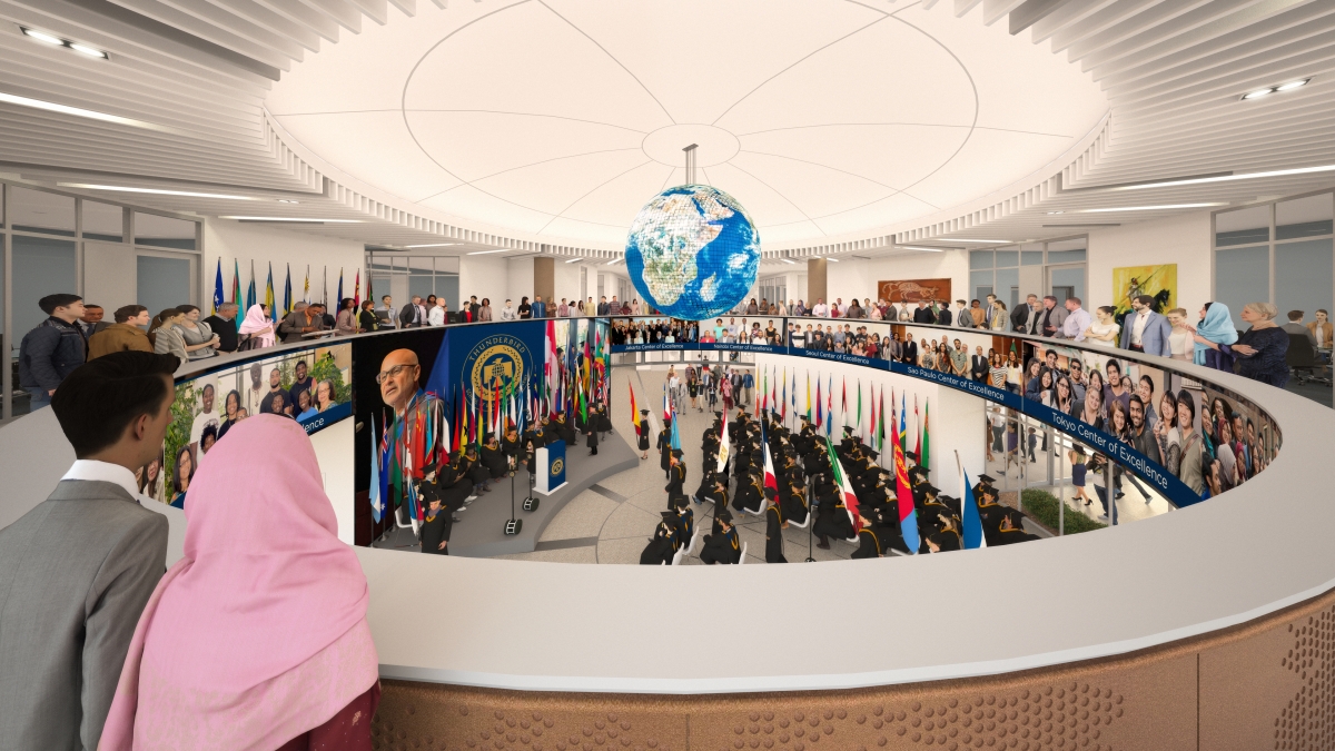 artist rendering of Thunderbird Global HQ's new Global Forum featuring several LED screens for multimedia interaction and presentations