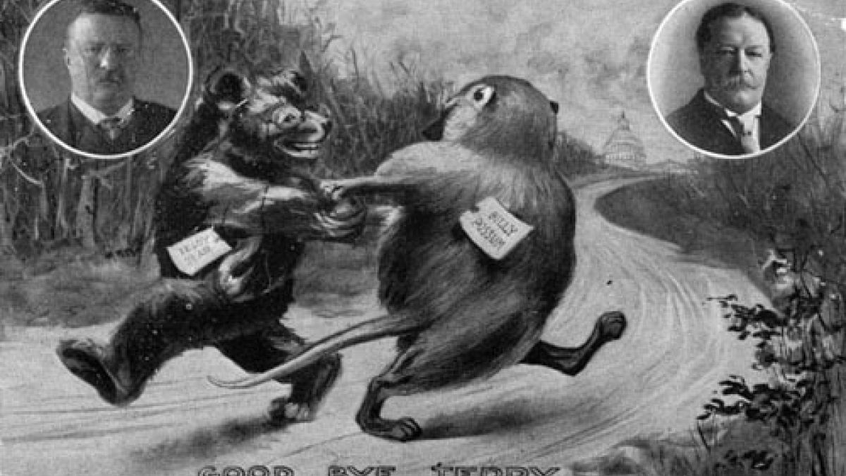 Cartoon depicting teddy bear and possum, Presidents T. Roosevelt and W. Taft