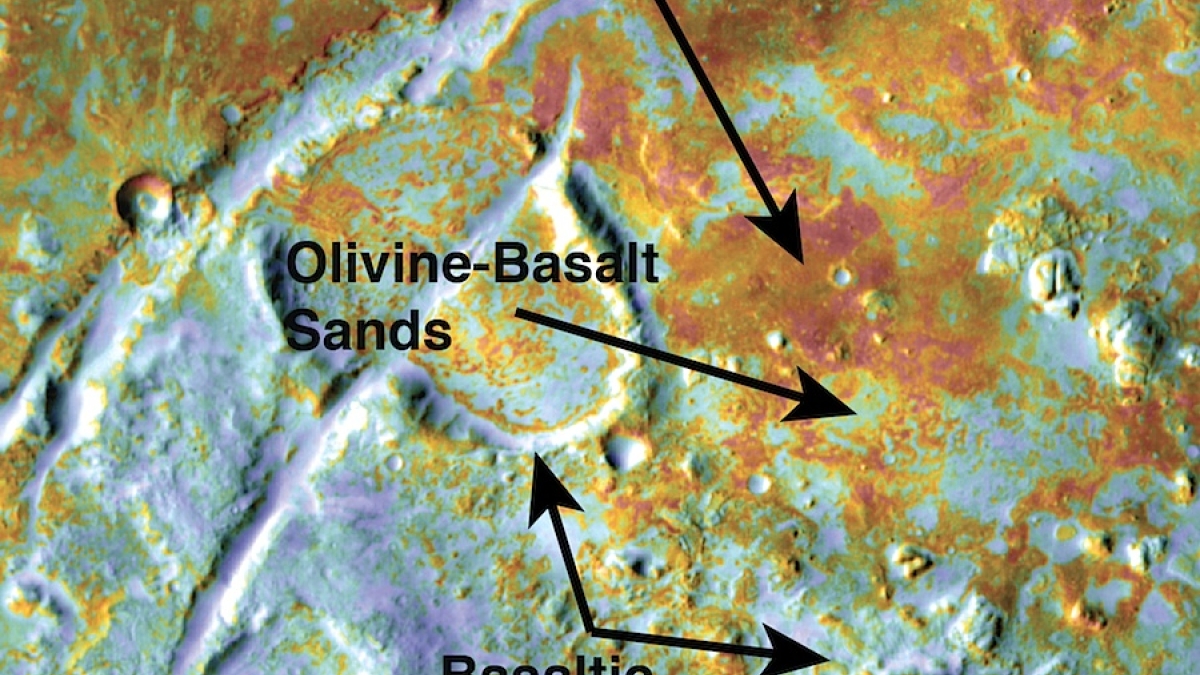 False-color image showing carbonate deposits in Nili Fossae on Mars
