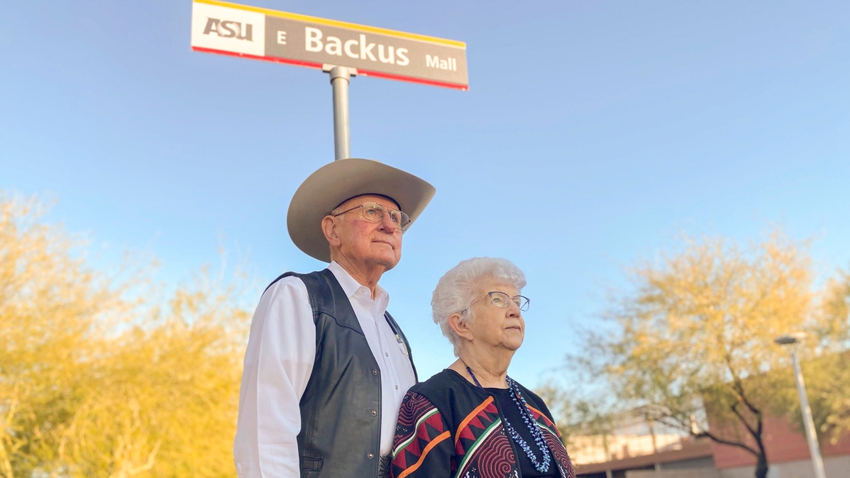 man and woman standing in front of street sign