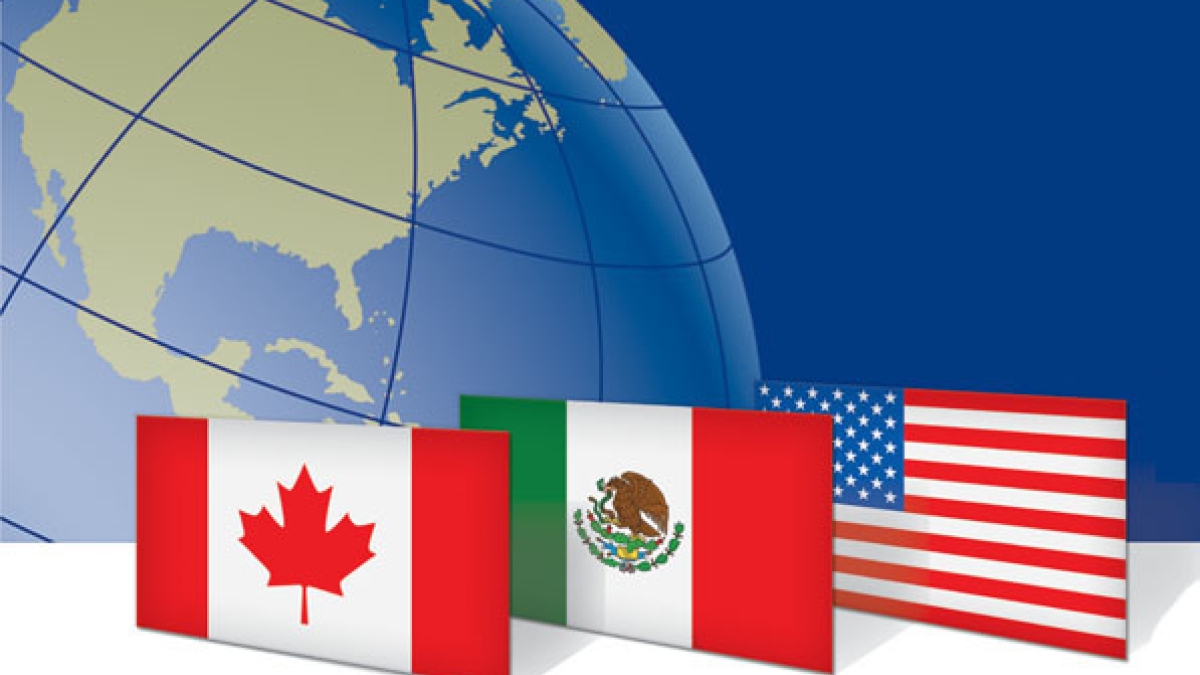 Canadian, Mexican and American flags with globe in background