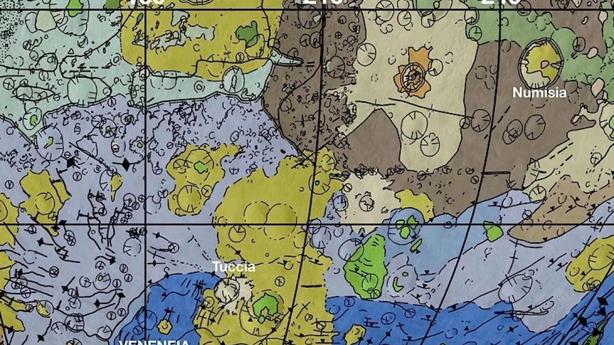 Vesta&#039;s geological map Veneneia, Rheasilvia, Marcia impacts