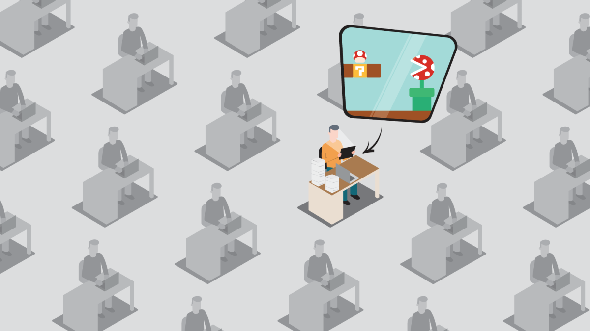 Illustration of office worker playing video game in cube farm