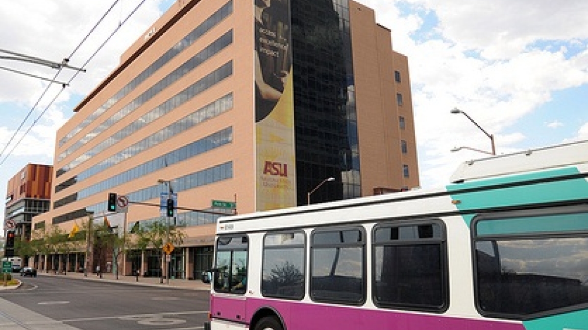 Valley Metro bus traveling in front of ASU DPC building