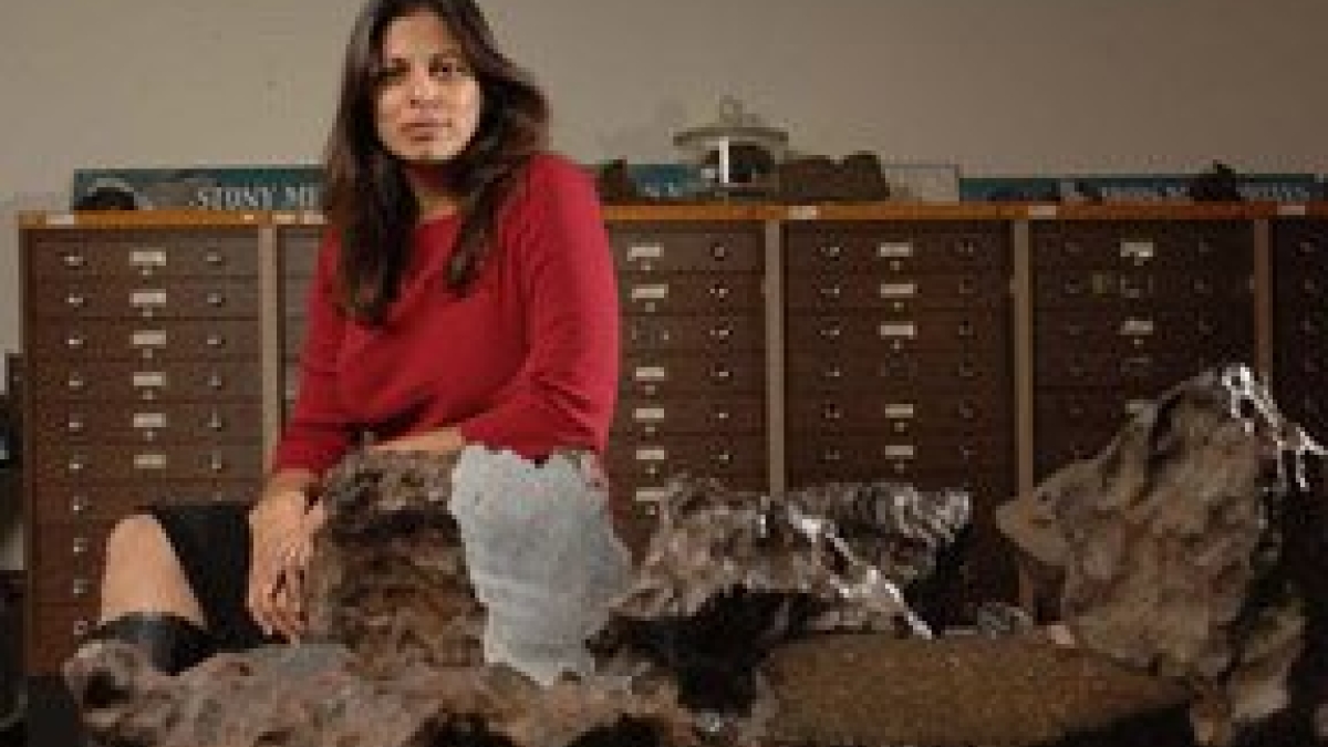 woman standing in front of meteorites