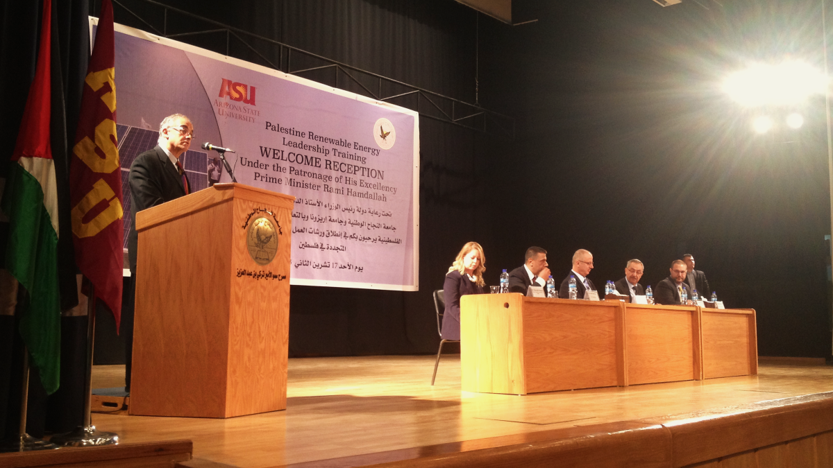 ASU Professor, Dr. Sayfe Kiaei, addresses audience in the West Bank