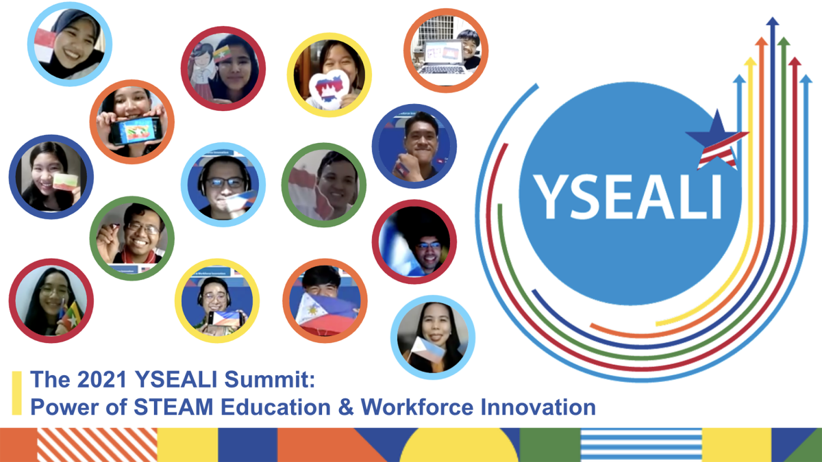 A graphic depicts participants in the 2021 Young Southeast Asian Leaders Initiative Summit, or YSEALI Summit, holding flags from their countries.