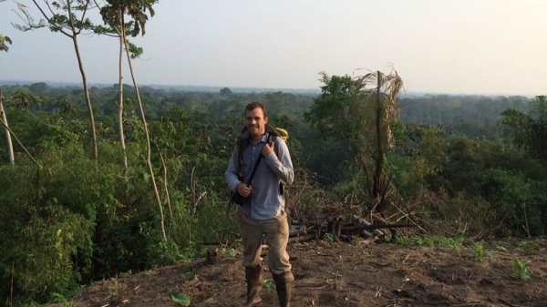 Dr. S. Buessecker preparing to enter the peatlands of the Amazon basin.