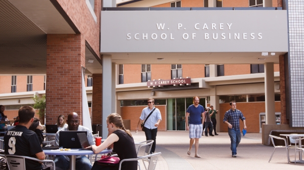 students studying outside W. P. Carey School of Business, ASU Tempe campus