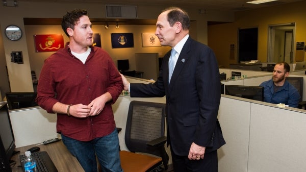 Secretary of Veterans Affairs speaking with ASU student