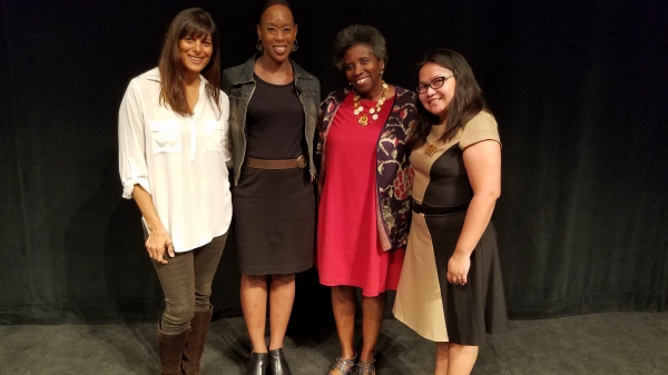 Margot Lee Shetterly, Sharon Torres, Dr. Meenakshi Wadhwa and Dr. Stanlie James at a panel in the Lyceum Theater