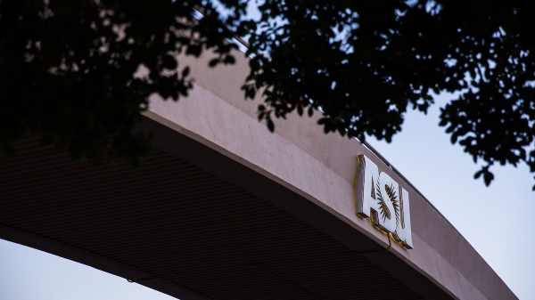 ASU sign on a bridge in Tempe 