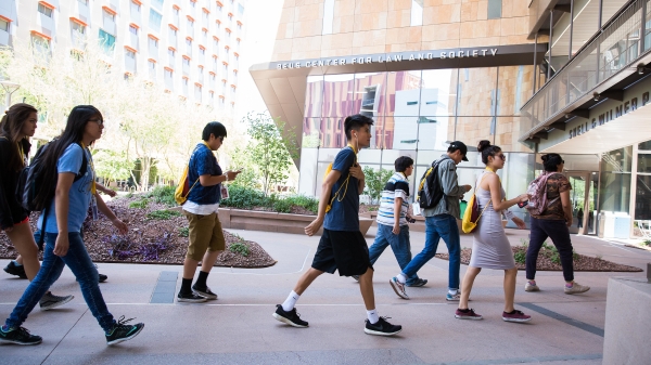 Native high school students in ASU's Inspire camp head into the Beus Center for Law and Society at Downtown Phoenix campus