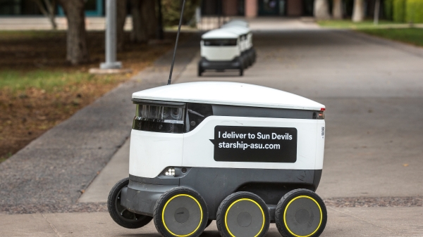 Food delivery robot on a sidewalk