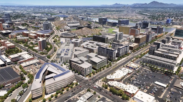 Aerial rendering of the Novus Innovation Corridor at future completion, looking northwest from University and Rural