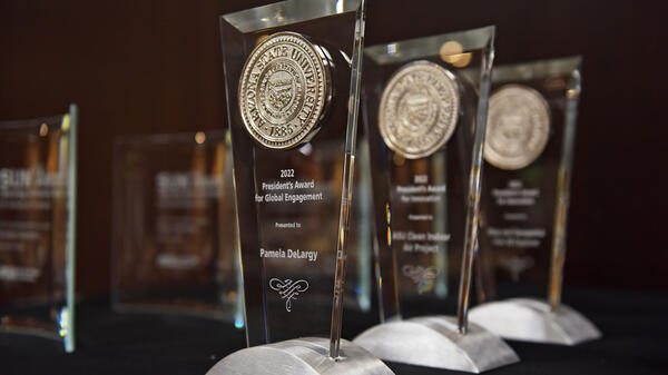 Glass awards on a table