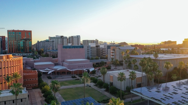 View of ASU Tempe campus from drone
