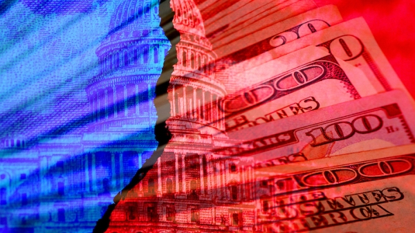 Capitol building and money collage with a red and blue filter.