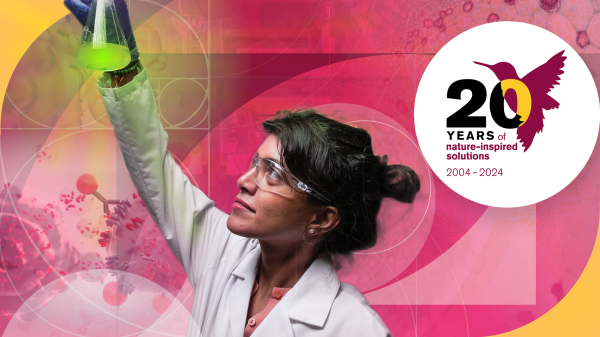 Graphic with abstract background showing a woman in lab gear holding up a glass bottle with glowing green liquid next to Biodesign Anniversary Logo