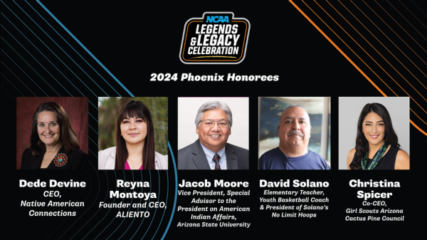 An infographic showing headshots of the five recipients of the NCAA Men’s Final Four Phoenix 2024 Legends and Legacy Community award