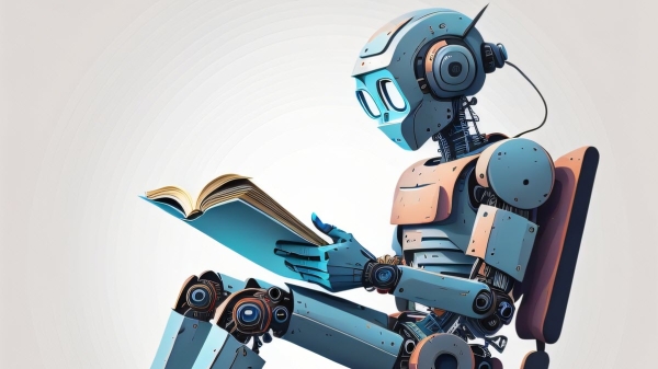 A graphic image of a robot seated in a chair, reading a physical book.