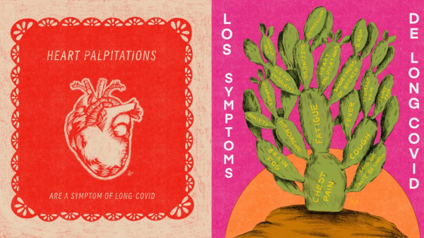 Collage of two infographics, one featuring an illustration of a heart and one featuring an illustration of a cactus, listing symptoms of long COVID-19 in English and Spanish.