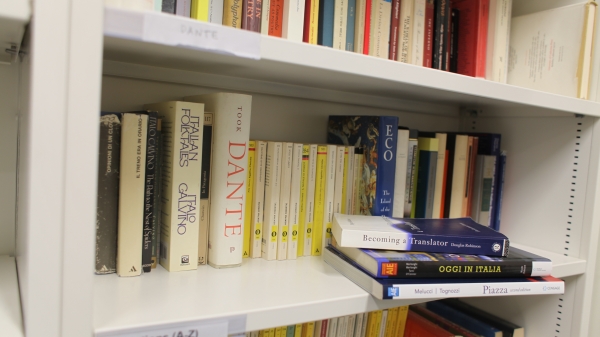 Books from the Pier Raimondo Baldini Italian Library on a shelf.