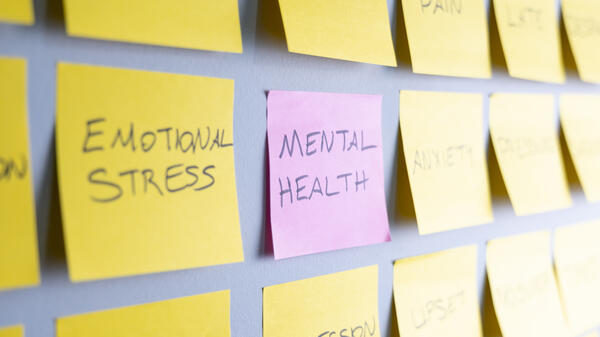 Sticky notes on a wall that say phrases like "emotional stress," "mental health", "depression"