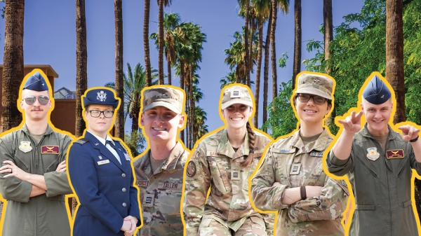 Six graduating cadets in the Air Force ROTC digitally placed in front of Palm Walk on ASU's Tempe campus.