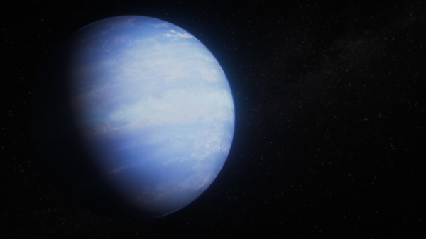 A large bluish-white planet in space.