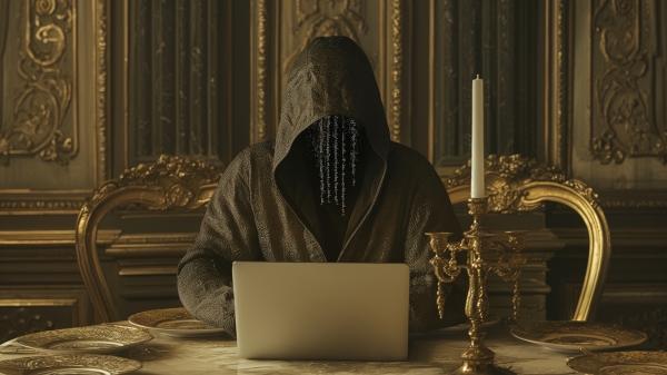 A cybercriminal wearing a black cloak works at a laptop at an opulent table