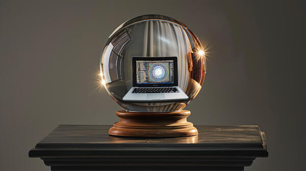 A rendering of a laptop computer encased in a crystal ball.
