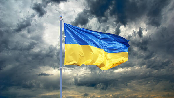 Ukrainian flag against a stormy sky.